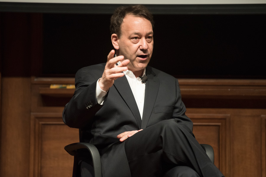 Director and producer Sam Raimi talks on Tuesday. He discussed mixing genres, such as horror and comedy, in his films.
