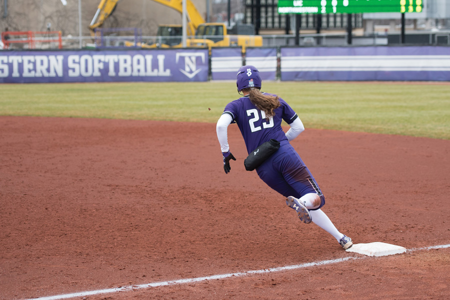 Anna Petersen rounds first base. The outfielder came alive at the plate in her senior season.