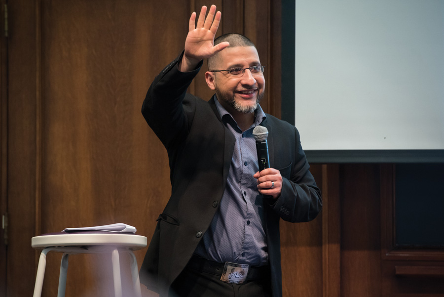 2017 Illinois Teacher of the Year Ricardo Castro speaks in Harris Hall during a SESP event on Monday. Castro discussed his view on education and the importance of teaching students to be leaders.