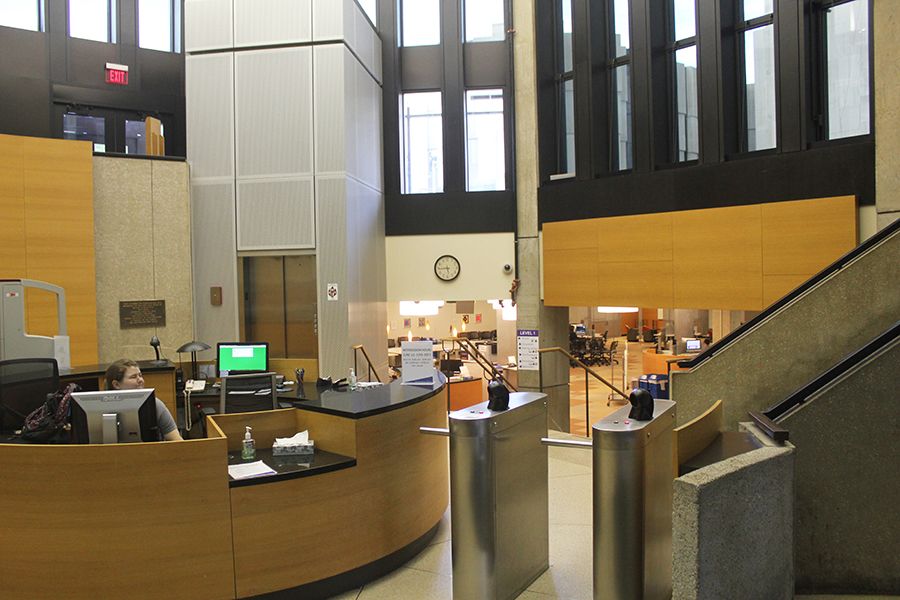The entrance to University Library, including the two existing WildCARD scanners, as it currently appears. This summers renovation project will add a third turnstile and make cosmetic improvements.