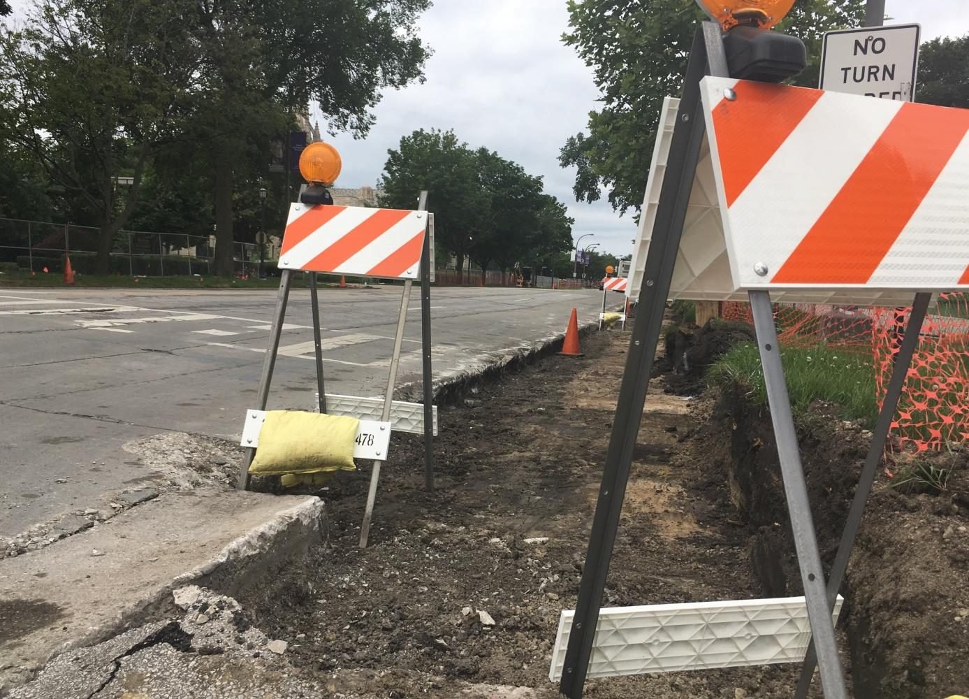 Preliminary work is completed on Sheridan Road alongside campus. Full-scale construction, reducing the road to one lane, will begin Wednesday.
