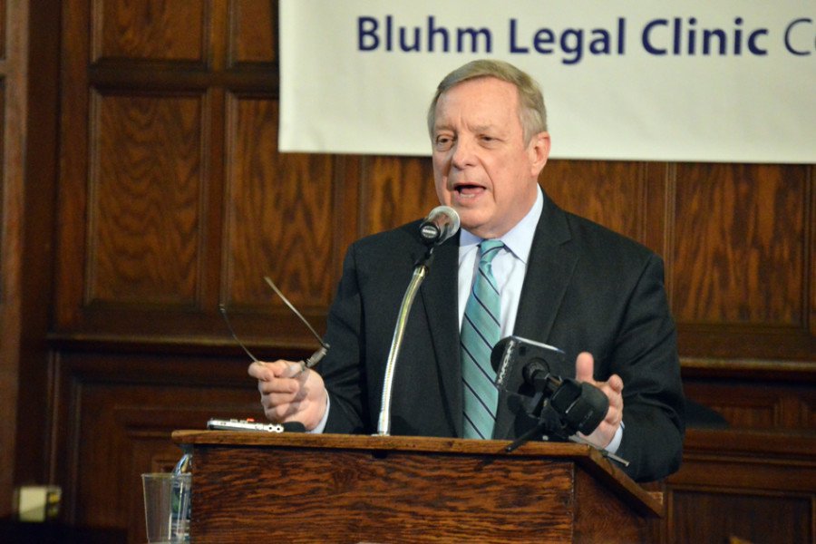 Sen. Dick Durbin (D-Ill.) speaks at the Northwestern Pritzker School of Law in 2015. Durbin, along with Sen. Tammy Duckworth (D-Ill.) wrote a letter urging Republican leaders to provide greater disaster relief to Puerto Rico and the U.S. Virgin Islands.