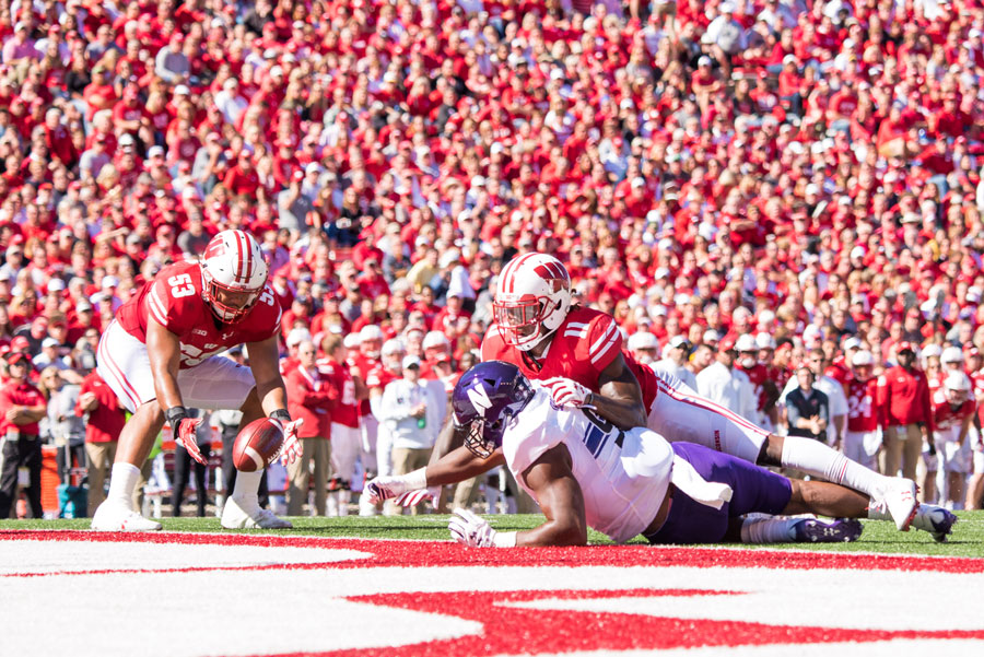 A pass to Garrett Dickerson falls incomplete. The senior superback caught four passes against Wisconsin. 