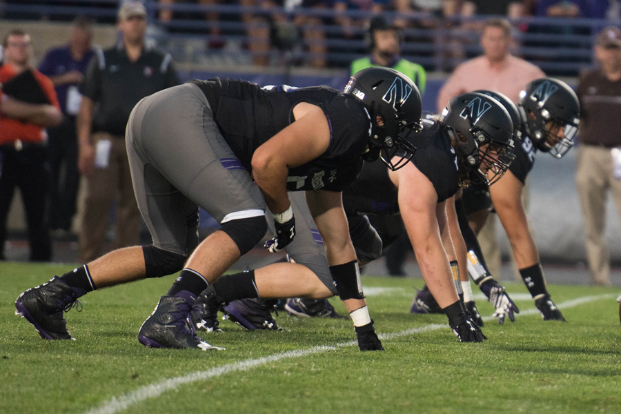 Northwestern’s defensive front lines up. The Wildcats will take on Wisconsin’s vaunted offensive line Saturday. 