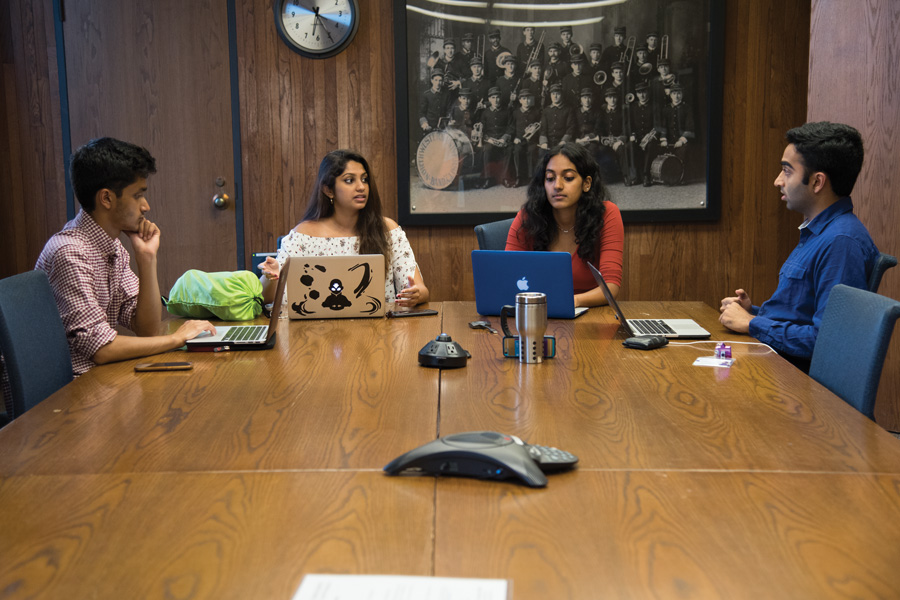 Shyam Mani, Aishwarya Chenji, Dhivya Sridar and Archit Baskaran hold a meeting in Norris University Center. I-AM SHAKTI was founded to provide support and education about mental illness primarily in the Indian American community.