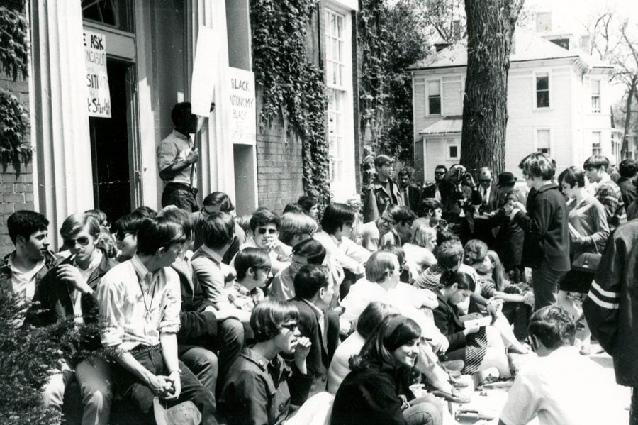 Students occupy the Northwestern Bursar’s office in May 1968 for a 38-hour peaceful protest. Current students and alumni gathered at the Black House Friday to commemorate the protest’s 50th anniversary. 
