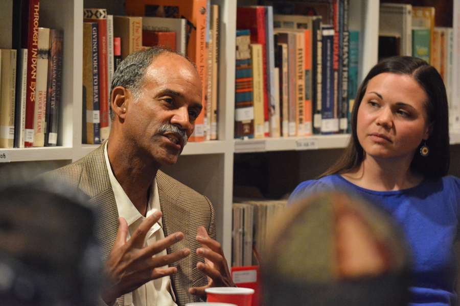 Tony Burroughs (left) and Bethany Hughes (right) speak at a panel held at Mitchell Museum of the American Indian. Panelists discussed how indigenous cultures shaped the country’s current identity and history. 