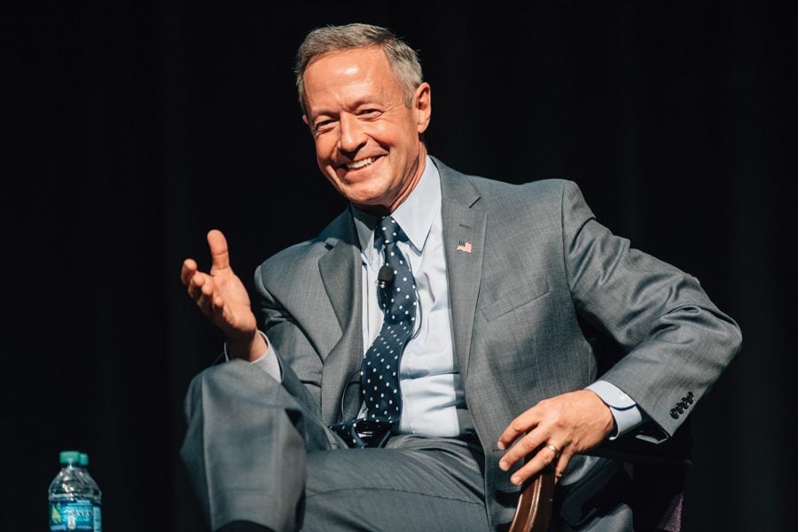 Former presidential candidate Martin O’Malley speaks to students about Donald Trump’s presidency and political engagement in Cahn Auditorium on Monday. The event was hosted by College Democrats. 
