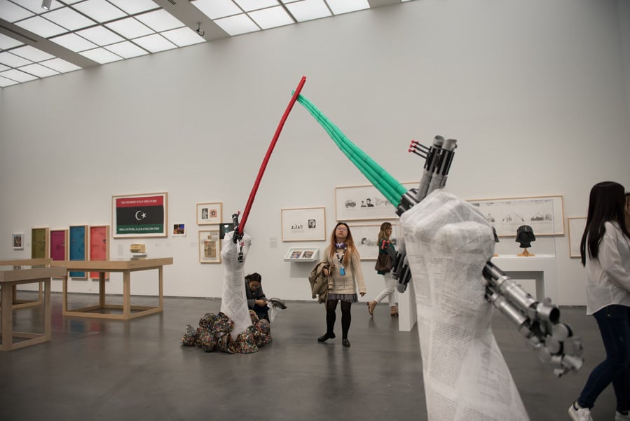 Inspired by the Victory Arch in Baghdad, Art theory and practice Prof. Michael Rakowitz created a smaller-scale version with a “Star Wars” spin. The hands of the piece are constructed out of pages from one of Saddam Hussein’s novels, which Rakowitz said were essentially “Star Wars” fan fiction.