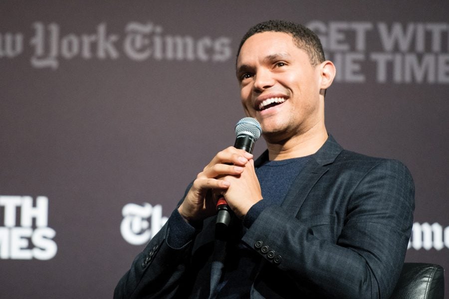 “The Daily Show” host Trevor Noah speaks on Sunday in Cahn Auditorium. Noah discussed his experiences as a black man living in South Africa and the United States in a conversation with John Eligon (Medill ‘04). 