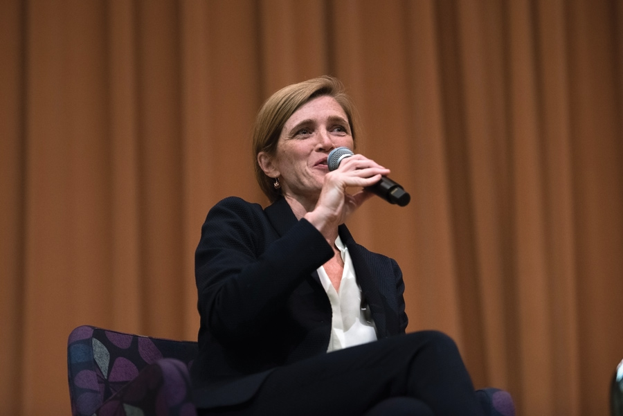 Former U.S. Ambassador to the U.N.  Samantha Power speaks at an event in Technological Institute Monday. During the talk, Power spoke about her time as a diplomat and journalist. 
