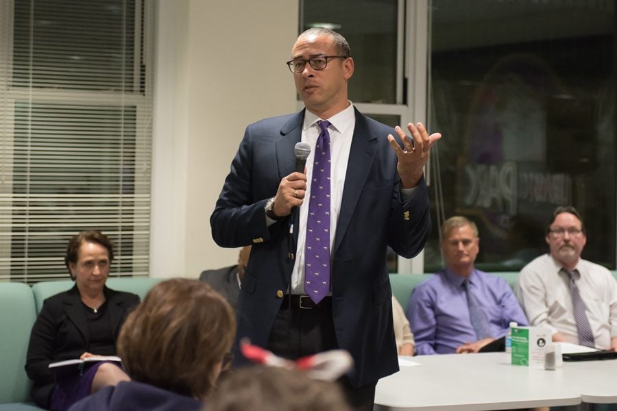 Provost Jonathan Holloway speaks at a community dialogue on Oct. 9. Holloway, who previously served as the dean of Yale College, told The Daily in an interview that he had the “Morty effect” at Yale.
