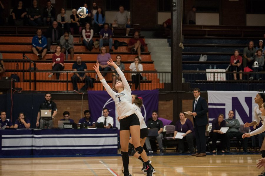 Taylor Tashima sets the ball. The senior setter and the Wildcats will face Maryland and Ohio state over the weekend.