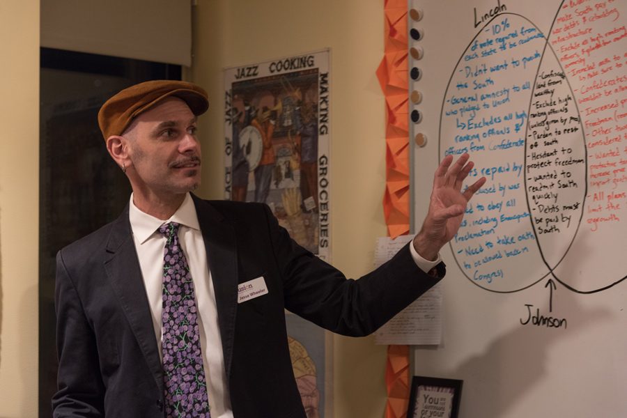 Fusion teacher Jesse Wheeler explains his student’s custom American history and Spanish class during a tour of Fusion Academy. The student explores subjects like Reconstruction in Wheeler’s class, and regularly translates key vocabulary words into Spanish to explain what he learns.
