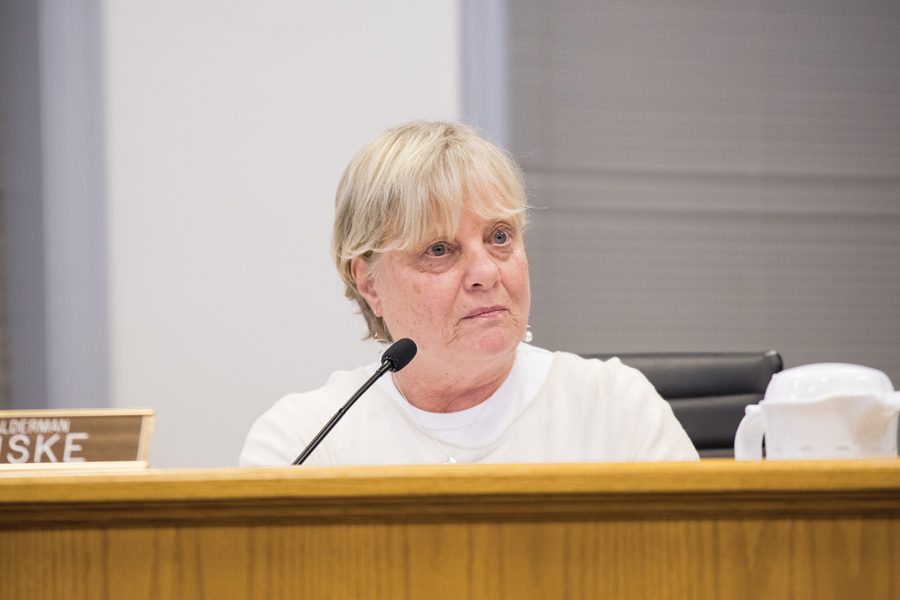 Ald. Judy Fiske (1st) at Monday’s City Council meeting. Aldermen authorized the city to draft a contract for the renovation and lease of the Harley Clarke mansion.