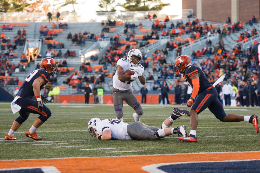 Justin Jackson carries the ball. The senior running back ran for 144 yards in the final Big Ten game of his career. 