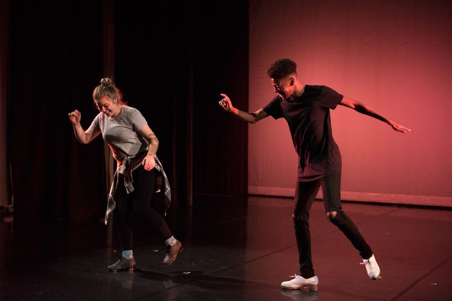 Medill junior Cassie Majewski and Weinberg senior Sterling Harris rehearse their tap duet for “[Re]Act.” Fall Dance Concert that will premiere in the Virginia Wadsworth Wirtz Center for the Performing Arts Nov. 9.