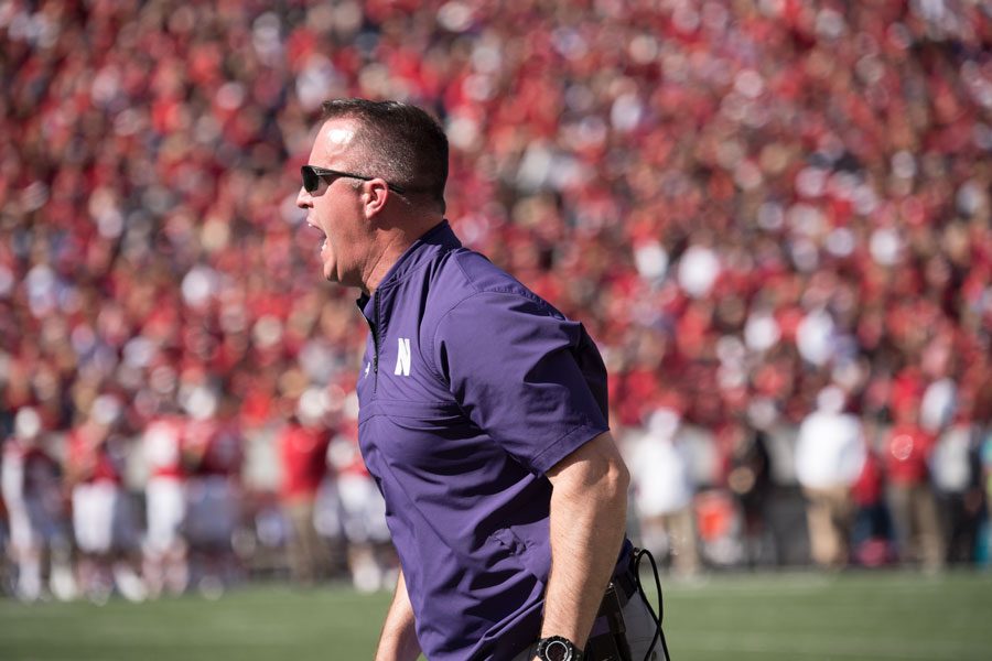 Pat Fitzgerald yells. The coach railed against NCAA guidelines about official gameday tackling statistics this week, claiming redshirt freshman linebacker Paddy Fisher had more tackles than he was credited for against Michigan State.
