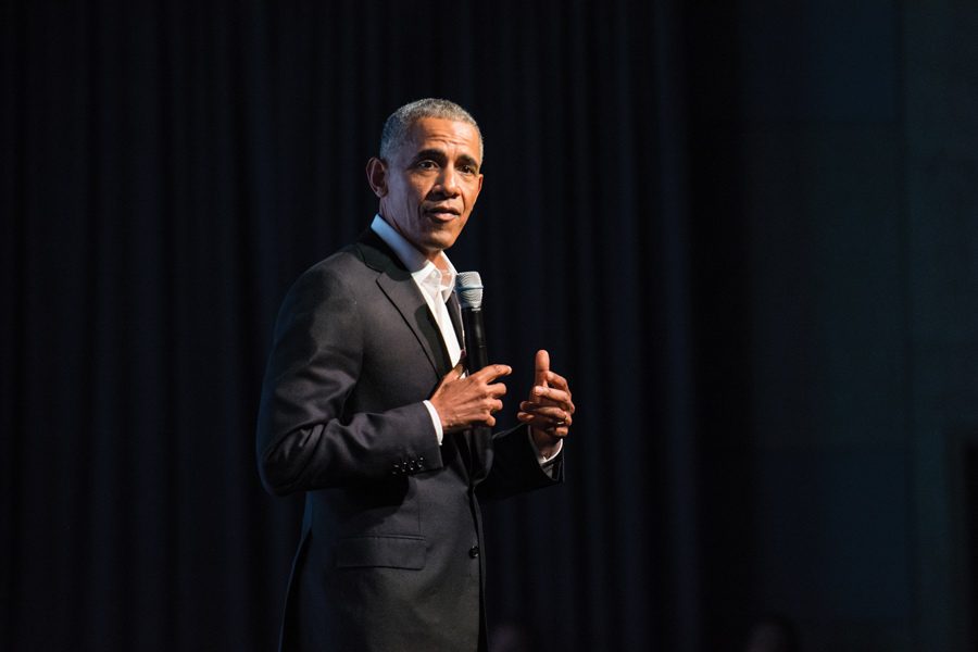 Barack Obama speaks during the Opening Session of the Obama Foundation Summit. During his speech, he said it is important to support young community leaders so that they can expand their influence beyond their local roots.  
