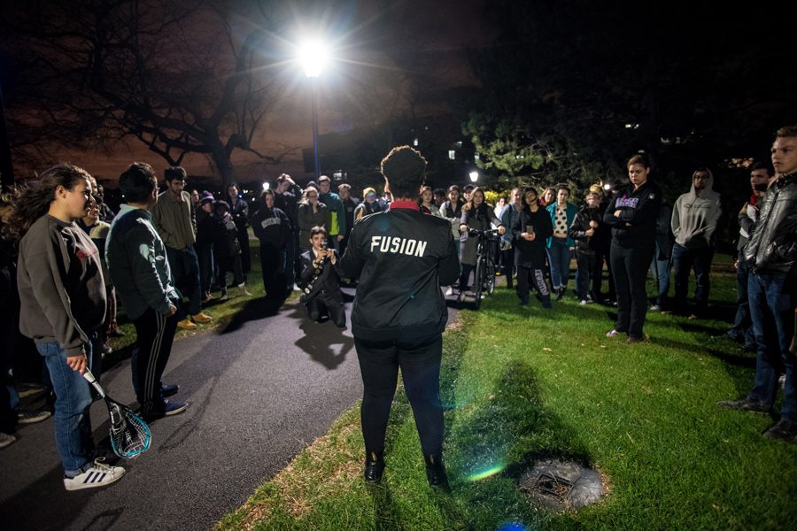 Students gather on the Lakefill on the night of the 2016 presidential election. One year into Donald Trump’s presidency, students, faculty and staff have voiced concerns with his leadership.