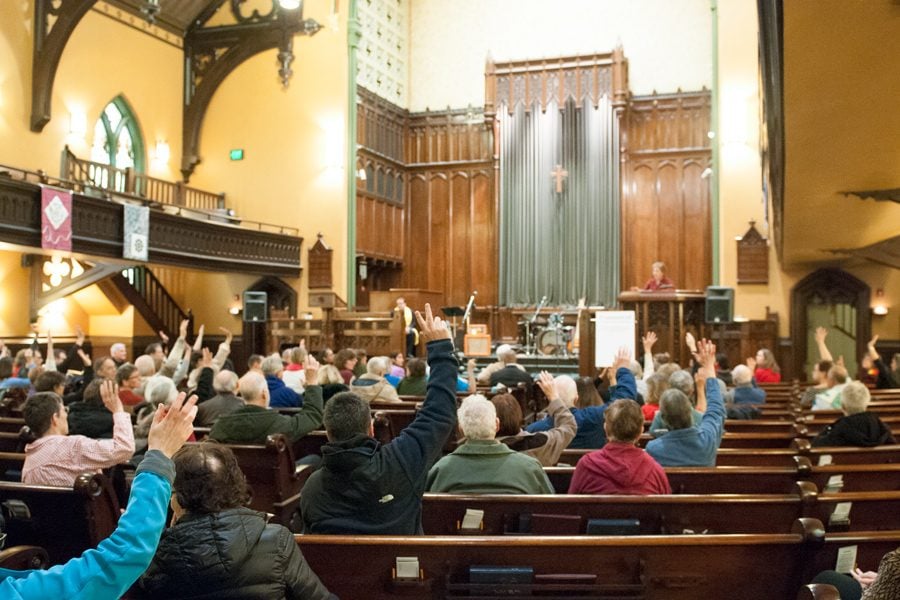 U.S. Rep. Jan Schakowsky (D-Ill.) speaks at an interfaith rally on Sunday. The event encouraged solidarity in the face of discrimination and prejudice.
