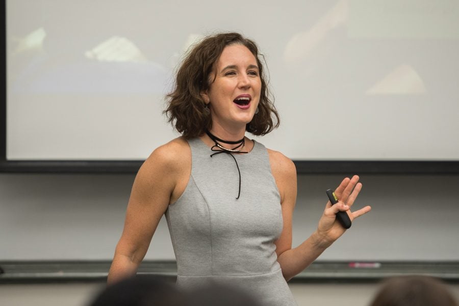Psychology Prof. Alexandra Solomon speaks at University Hall on Wednesday. Solomon advised students about how to maintain healthy relationships.