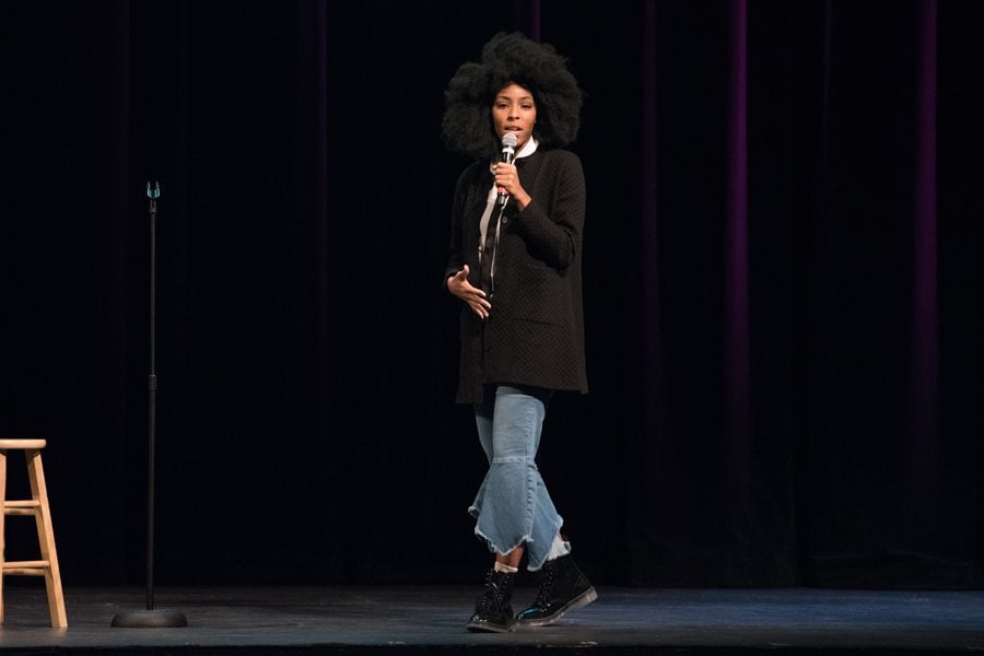 Comedian+Jessica+Williams+speaks+at+A%26O+Productions%E2%80%99+fall+speaker+event+in+Cahn+Auditorium.+Williams+spoke+about+the+importance+of+incorporating+her+identity+into+her+comedy.+++%0A