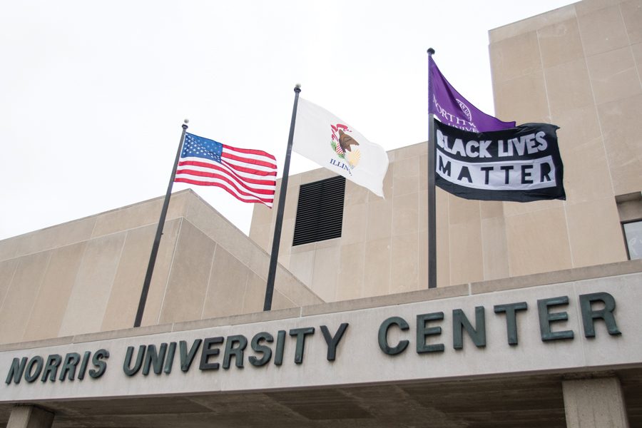 +A+Black+Lives+Matter+flag+raised+over+Norris+University+Center+in+January+2018.+Northwestern+provided+a+progress+update+on+its+previously+announced+commitments+to+racial+and+social+justice.