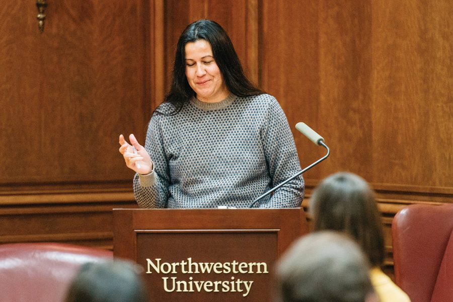 Mojave Native American poet Natalie Diaz speaks at Harris Hall about native culture in literature. The talk was co-sponsored by the Center for Native American and Indigenous Research and Weinberg College of Arts and Sciences.