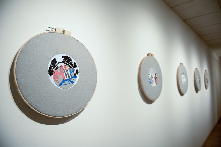 Sabba Elahi’s art displayed at the Dittmar Gallery. Elahi, whose work explores the intersection of surveillance and domestic life, created both hand-crafted and machine-crafted embroideries.