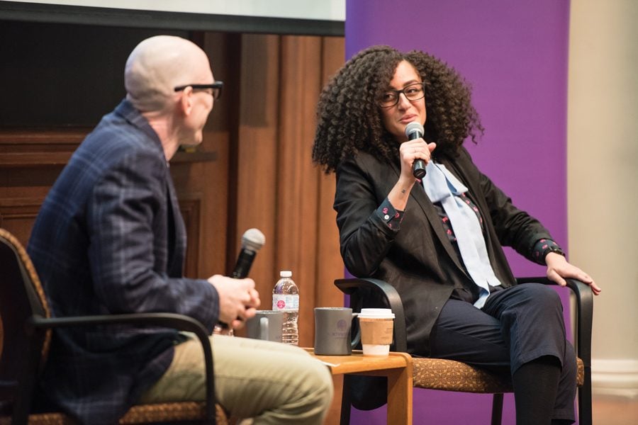 United States Artists president and CEO Deana Haggag answers a question from moderator Radio, Television and Film department chair David Tolchinsky. Haggag spoke about her background and the importance of supporting artists.
