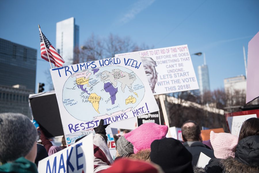 A sign at the 2018 Chicago Women’s March. In response to Trump’s new immigration policies, Evanston residents gathered on Monday to discuss how to support immigrants.
