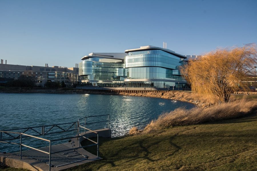 Kellogg School of Management’s Global Hub, 2211 Campus Drive. The Global Hub was the second Northwestern building to receive a LEED Platinum certification.
