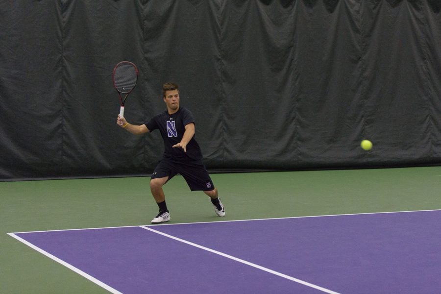 Dominik+Stary+lines+up+a+groundstroke.+The+sophomore+will+hope+to+lead+Northwestern+in+some+tough+matchups+this+weekend+at+the+ITA+Regional.