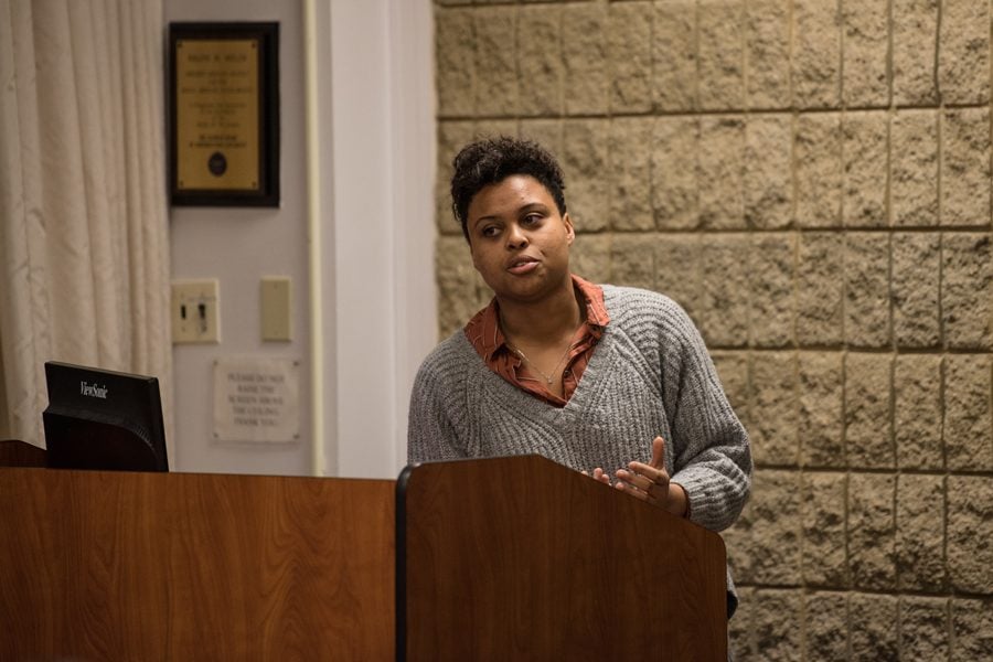 Sky Patterson, the vice president of academics for Associated Student Government, presents the “Creating Trans-Inclusive Spaces” guide to senators. The Wednesday Senate meeting also included elections for an interim parliamentarian. 
