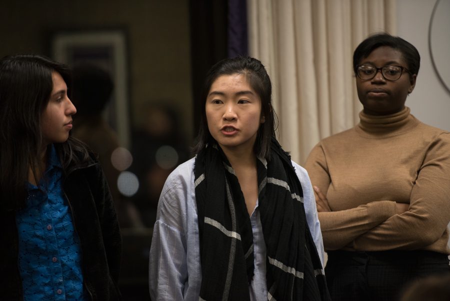 Weinberg junior Jessica Wang speaks in support of a resolution for Latinx and Asian American Studies departments. Wang and other members of the Latinx Asian American Collective attended Associated Student Government’s Wednesday Senate meeting.