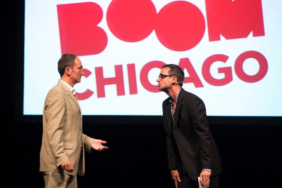 Pep Rosenfeld and Andrew Moskos perform with Boom Chicago. The group’s founders have made the comedy troupe an international force, and hold the honor of being the only visiting group to have performed on the Second City mainstage in Chicago.