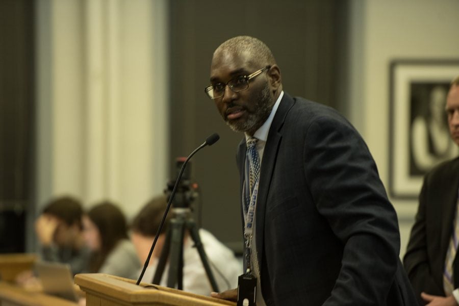 Director of parks, recreation and community services Lawrence Hemingway speaks at Monday’s City Council meeting. Hemingway said the department’s website crashed over the weekend due to too much traffic.