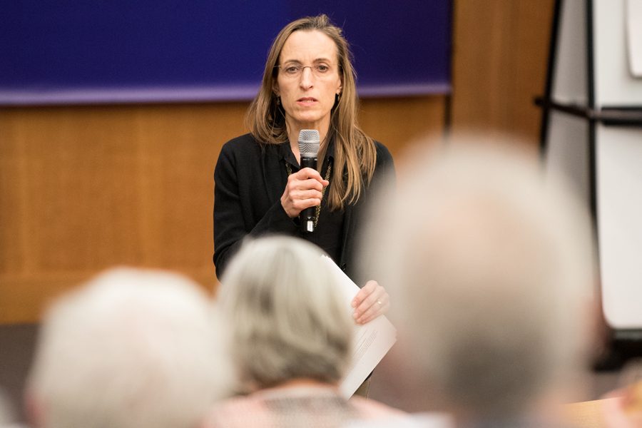 Linguistics Prof. Jennifer Cole speaks at Wednesday’s Faculty Senate meeting. Faculty discussed proposed updates to the University’s sexual misconduct policy.