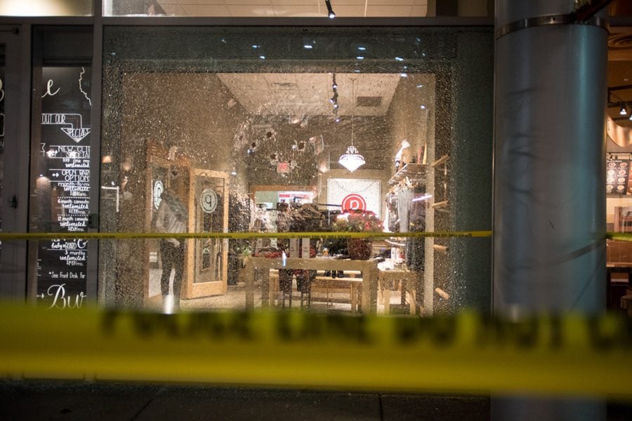 A shattered store window at Pure Barre, 910 Church St. A man broke the window with a hammer on Wednesday night.