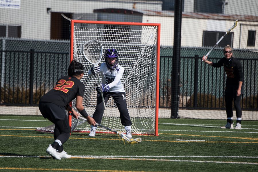 Julie Krupnick prepares to face a free-position shot. The redshirt freshman goalie allowed only five goals in Sunday’s win over USC.