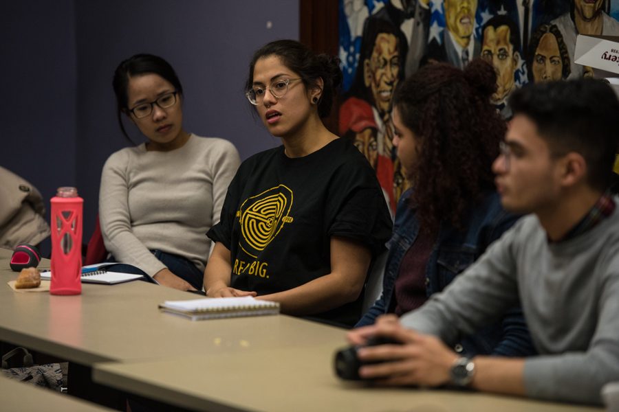 Yakira Mirabito speaks to a group of peers at a Quest Scholars Network town hall Thursday. Mirabito said students can generate resources if they voice their concerns regarding financial barriers. 