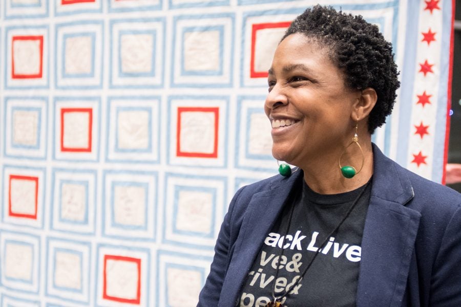 Evanston artist Melissa Blount. Blount hosted a quilt making circle to honor the lives of black women and girls lost to interpersonal violence.