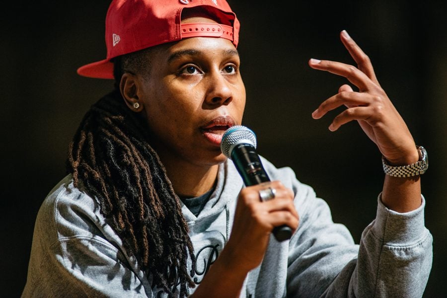 TV writer and actress Lena Waithe speaks at an event in Ryan Auditorium Thursday. In September, Waithe became the first black woman to win an Emmy for comedy series writing for an episode she wrote for Netflix series “Master of None.”