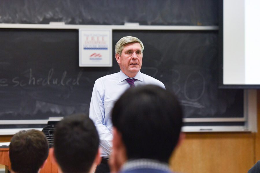 Trump campaign economic advisor Stephen Moore speaks at a College Republicans event. Moore discussed the Republican tax plan and his experiences with the president.