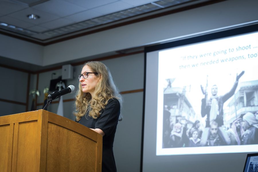Political science Prof. Wendy Pearlman speaks about her book at an October event. Pearlman recently published accounts of Syrians living through violence in Ghouta in the international cover story for Time magazine.