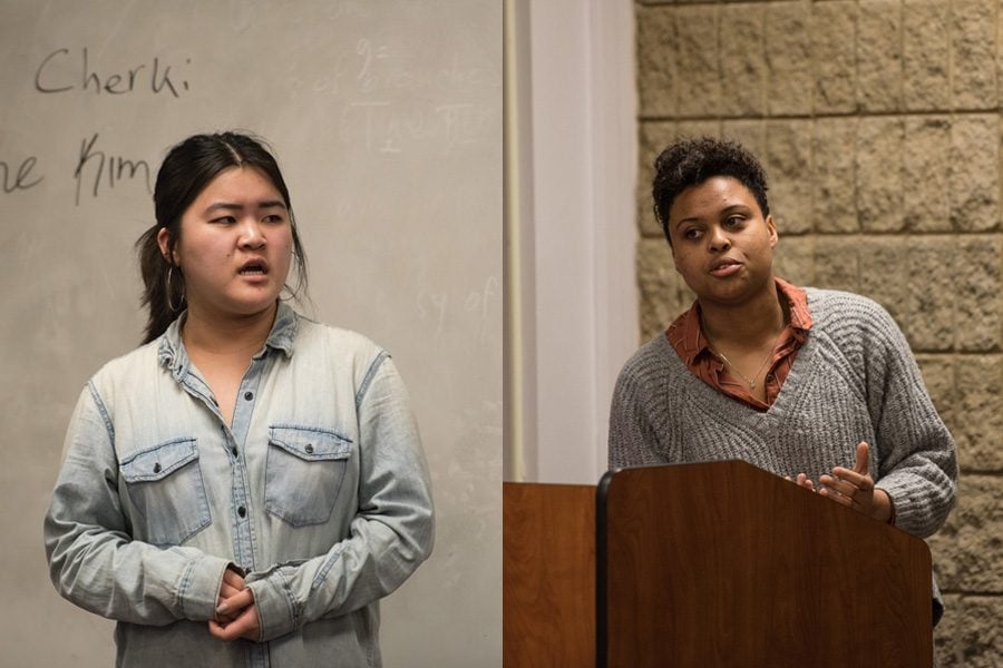 Justine Kim (left) and Sky Patterson speak during ASG Senate. The two juniors announced their candidacies for ASG president Tuesday. 
