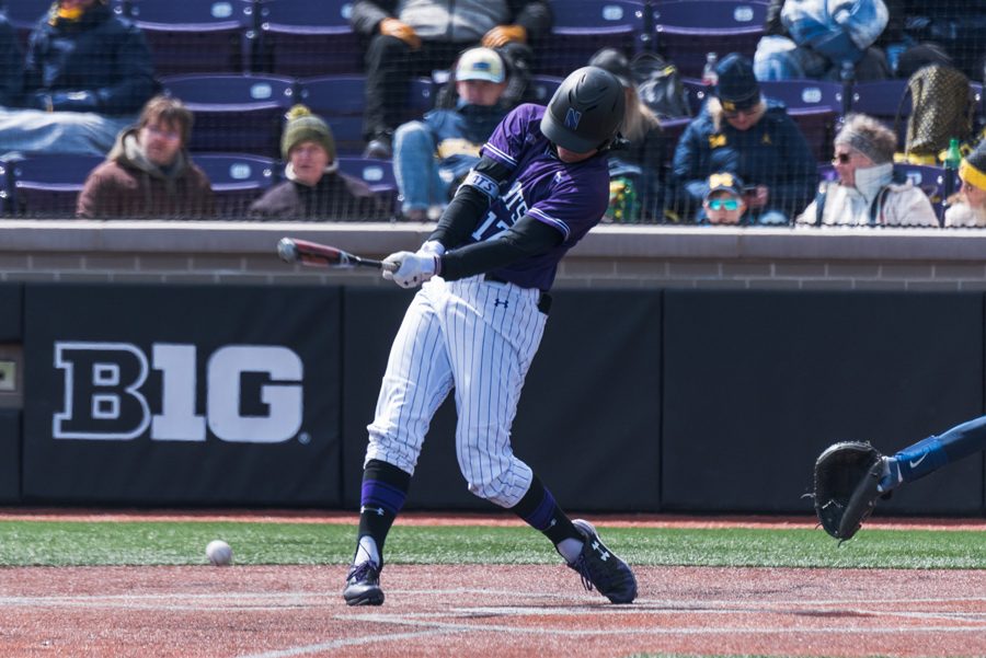 Charlie Maxwell takes a swing. The sophomore third baseman had five hits in Northwestern’s sweep of Penn State.