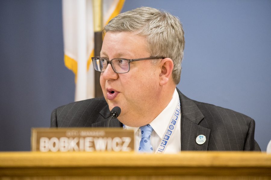 City manager Wally Bobkiewicz at Monday’s City Council meeting, where aldermen approved a recommendation for delays to transit changes. Bobkiewicz said safe and efficient transportation is a priority for Evanston.  