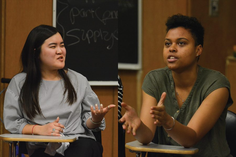 ASG presidential candidates Justine Kim (left) and Sky Patterson (right) discuss policy during Tuesday’s debate. In Thursday’s debate, the two addressed how to help marginalized communities on campus and sexual assault survivors.